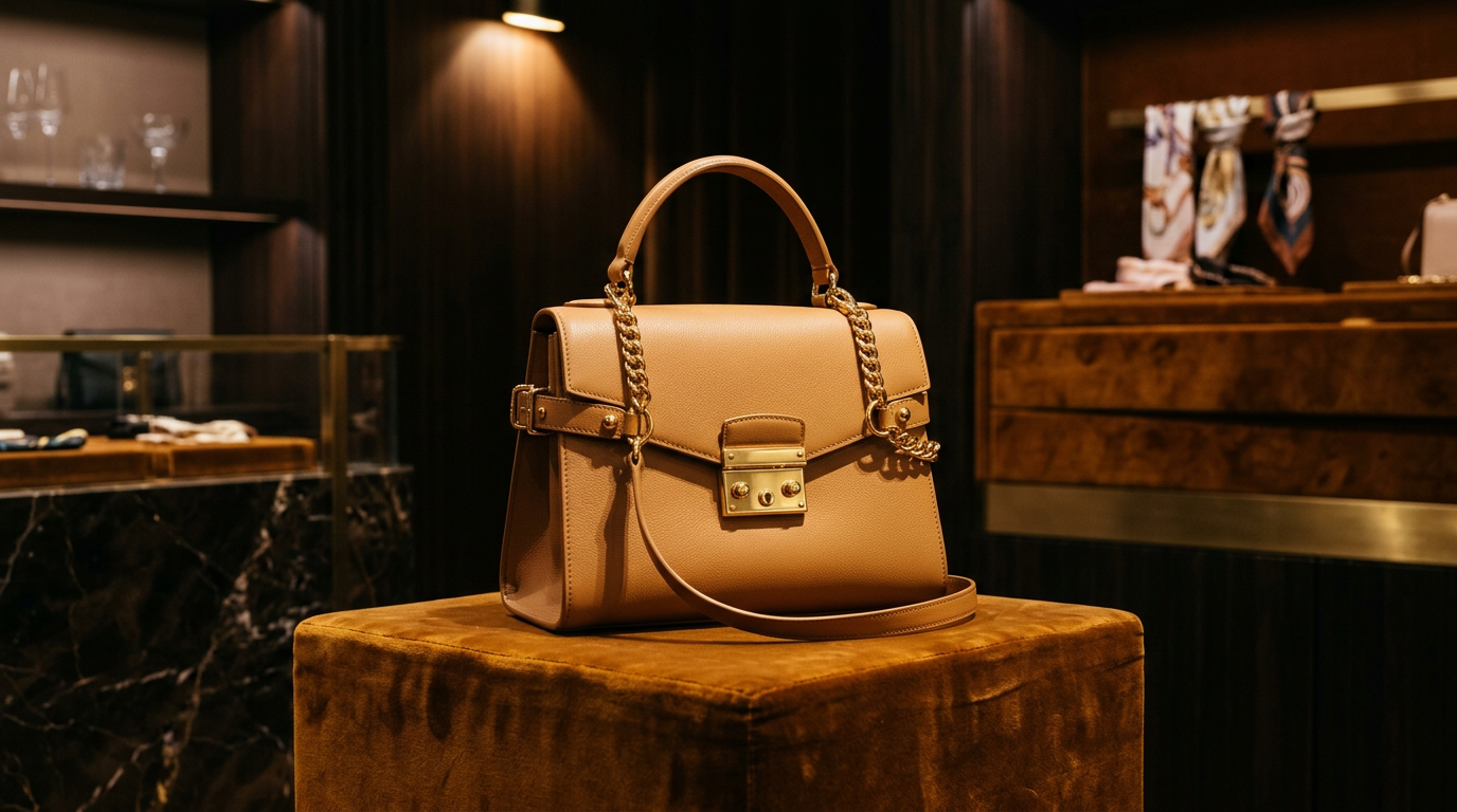 A tan leather designer handbag on a velvet pedestal