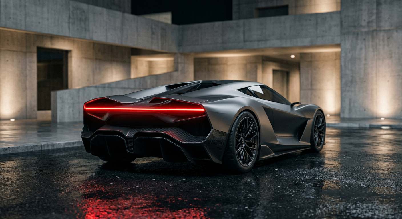 A satin graphite hypercar with a red light bar in a concrete courtyard at night